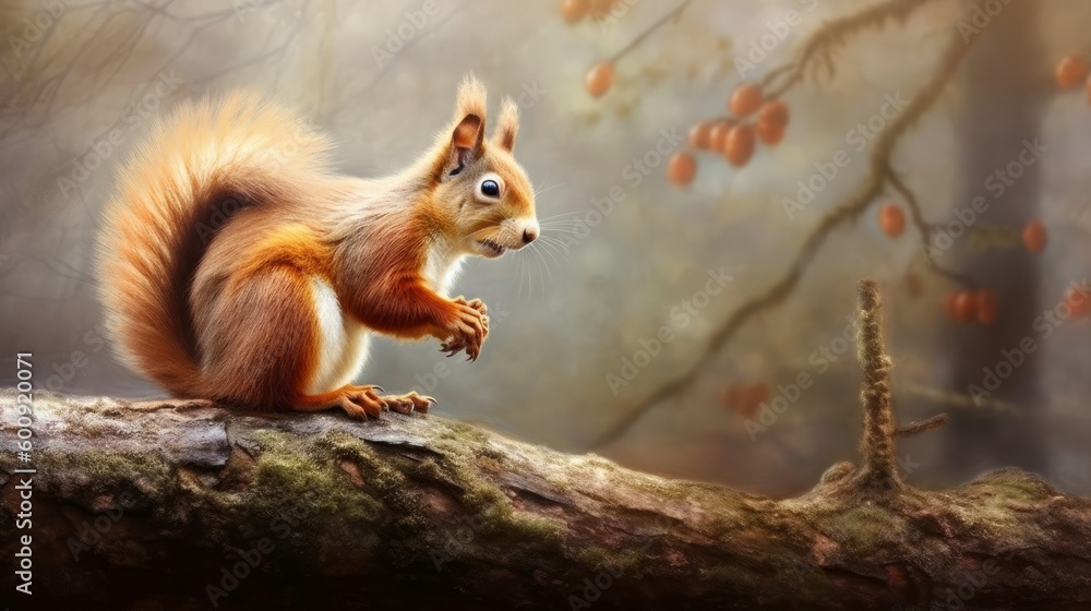 A red squirrel perched on a tree branch nibbling on . AI generated A red squirrel perched on a tree branch nibbling on . AI generated