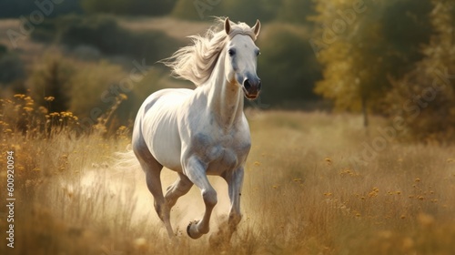A regal horse galloping through an open field. AI generated
