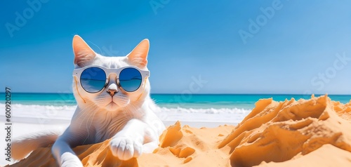 White cat in sunglasses having vacation on beach from Generative AI © sevenSkies