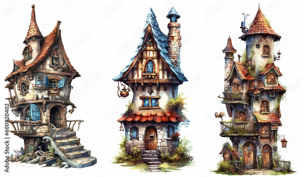 Watercolour fantasy tiny rustic house. Fantasy set of illustrations on a white background. Fussy cuts, greeting cards and envelopes artwork project set 34.
