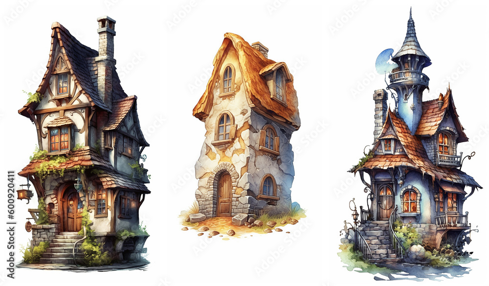 Fototapeta premium Watercolour fantasy tiny rustic house. Fantasy set of illustrations on a white background. Fussy cuts, greeting cards and envelopes artwork project set 33.