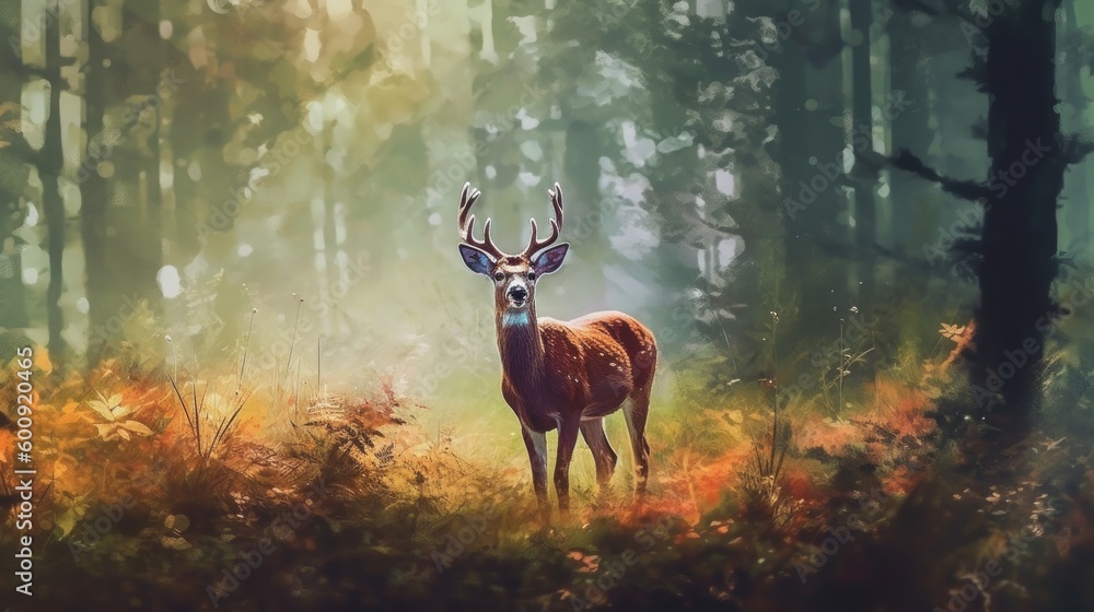 Fototapeta premium A shy deer timidly stepping through a clearing. AI generated