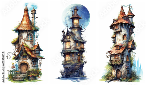 Watercolour fantasy tiny rustic house. Fantasy set of illustrations on a white background. Fussy cuts, greeting cards and envelopes artwork project set 32.