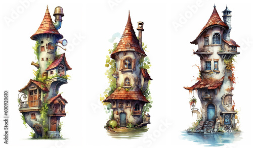 Watercolour fantasy tiny rustic house. Fantasy set of illustrations on a white background. Fussy cuts, greeting cards and envelopes artwork project set 17.