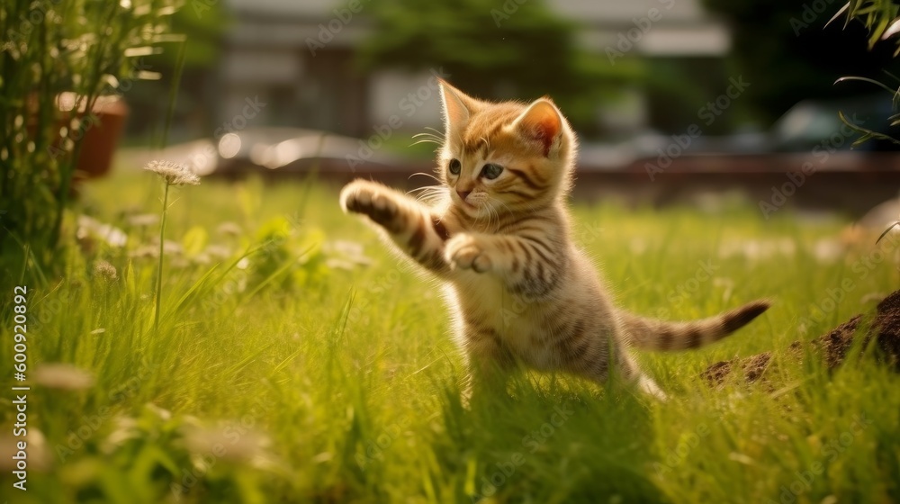 Obraz premium A silly kitten chasing its own tail. AI generated