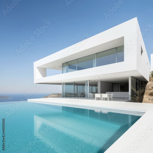 luxury swimming pool at modern white home © O-Foto