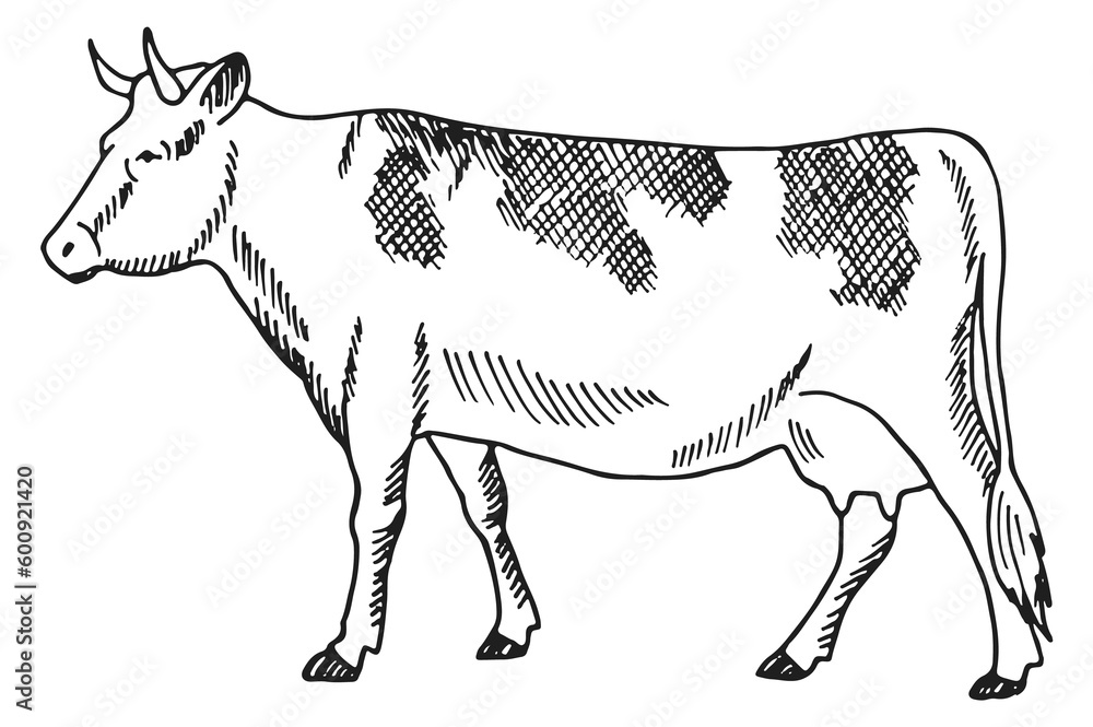 Fototapeta premium Cow sketch. Cattle engraving. Farm domestic animal