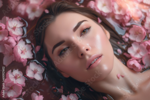 Beautiful woman with sakura flowers, Generative Ai 