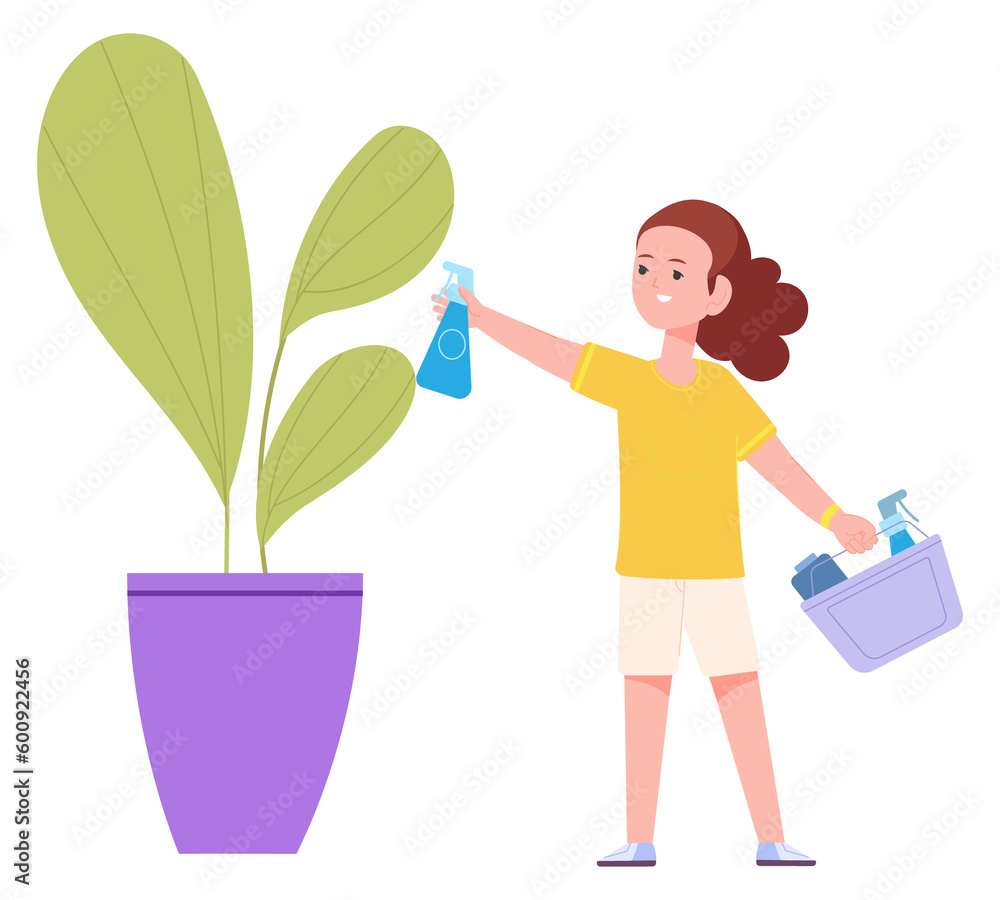 Girl spraying houseplant. Kid cleaning house. Child housework Girl spraying houseplant. Kid cleaning house. Child housework