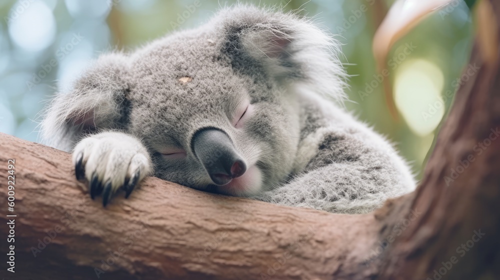 Fototapeta premium A sleepy koala dozing off on a tree. AI generated