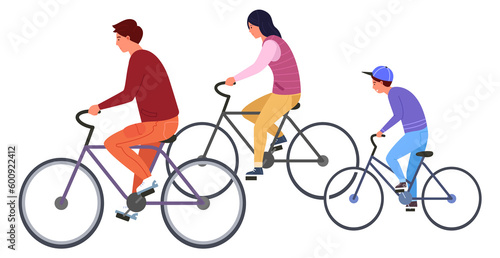 Parents and kid riding bicycle together. Family activity