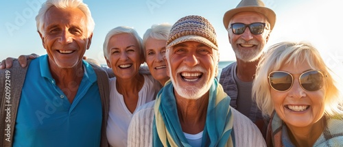 Group of smiling seniors at the beach looking at the camera. Generative AI	 photo