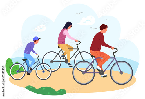 Happy family summer activity. Parents and kid riding bicycle together