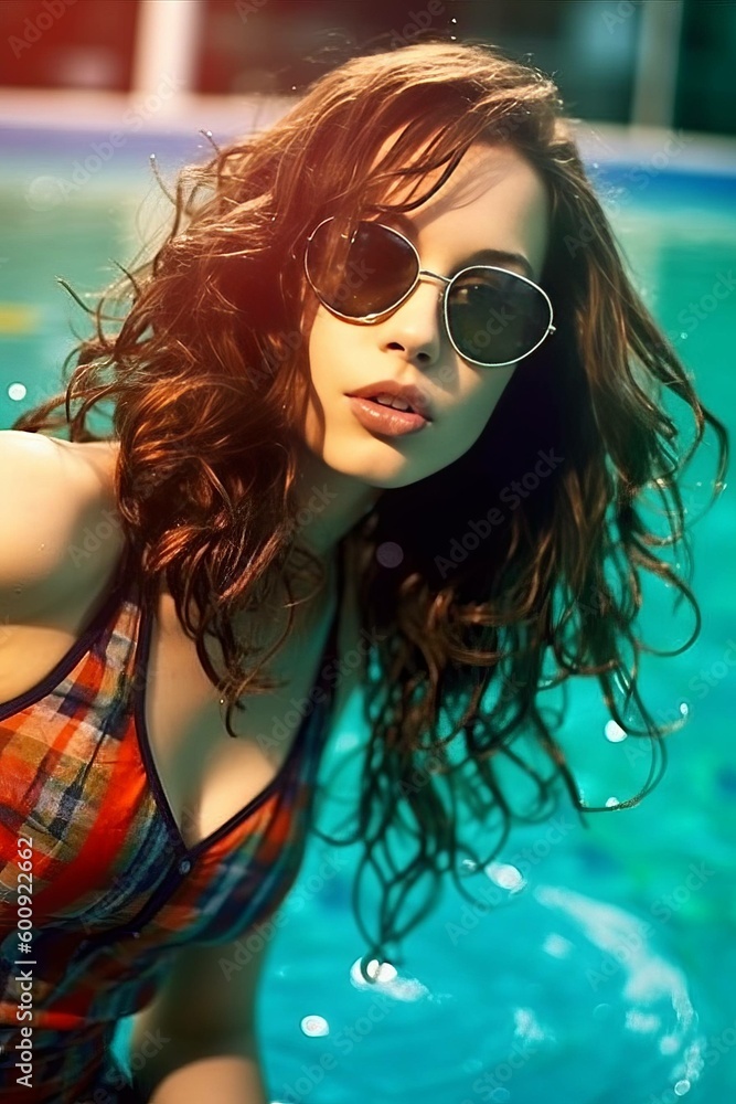 Young Woman with Wavy Hair and Plaid Swimsuit at Pool Photorealistic Portrait Illustration [Generative AI]