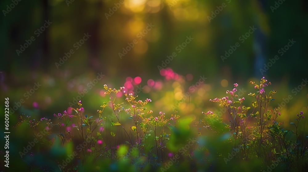 Fototapeta premium abstract green yellow tone bokeh light nature tree background, Generative Ai
