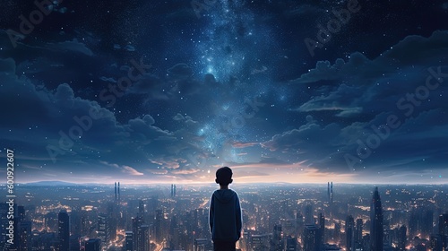 sci-fi fantasy dreamer boy looking at starry night sky with futuristic cityscape as background, Generative Ai