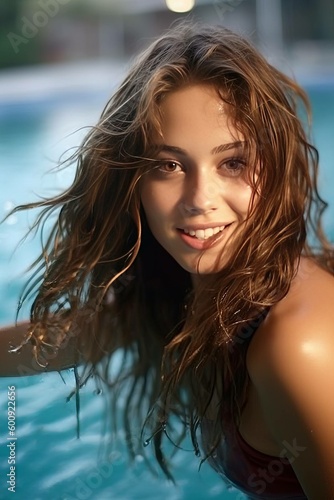 Dynamic Young Woman with Long Wavy Hair in Pool Photorealistic Portrait Illustration [Generative AI]