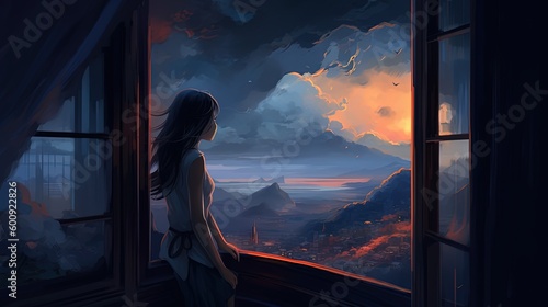 illustration of a girl looking outside window with nature valley village scenic, Generative Ai