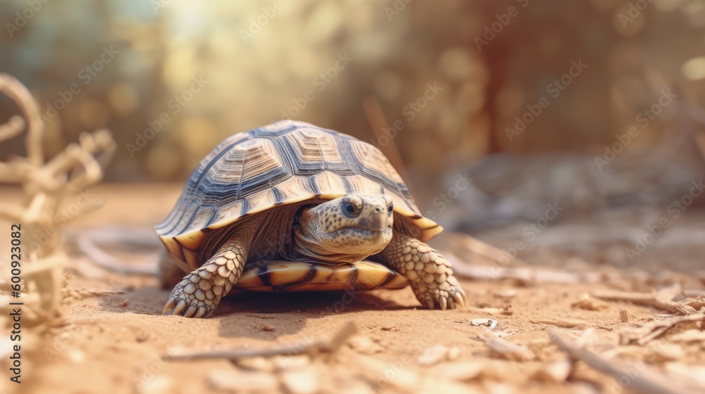 Fototapeta premium A small tortoise slowly crawling on the ground. AI generated