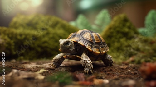 A small tortoise slowly crawling on the ground. AI generated