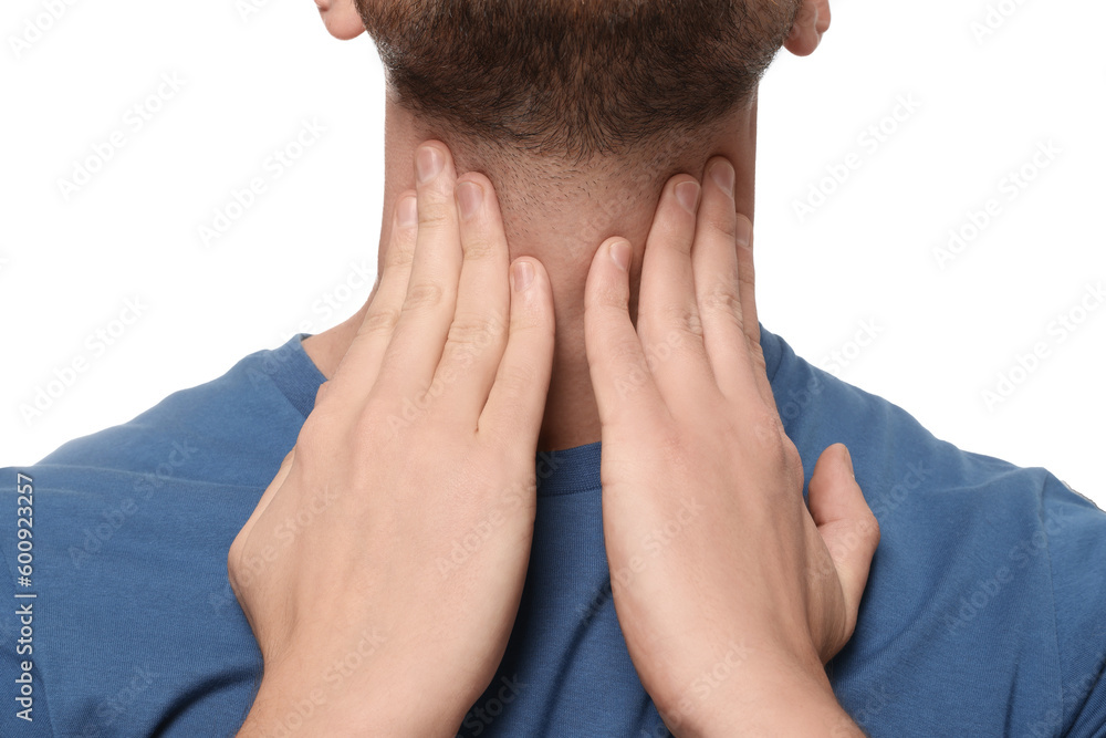 Fototapeta premium Man suffering from sore throat on white background, closeup