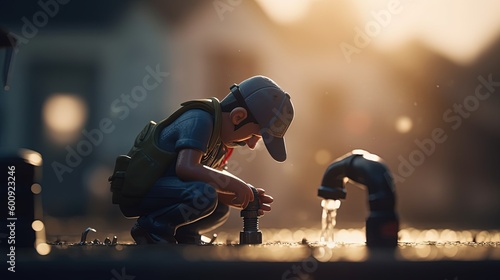 cartoon illustration of a plumber fixing pipe leak, Generative Ai