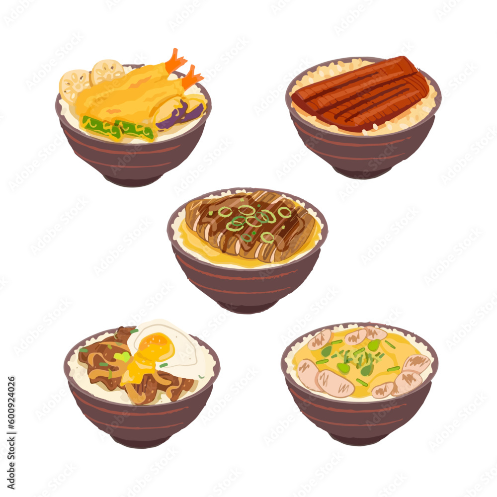 Set of Japanese rice bowl vector illustration. Unadon, Gyudon, Oyakudon