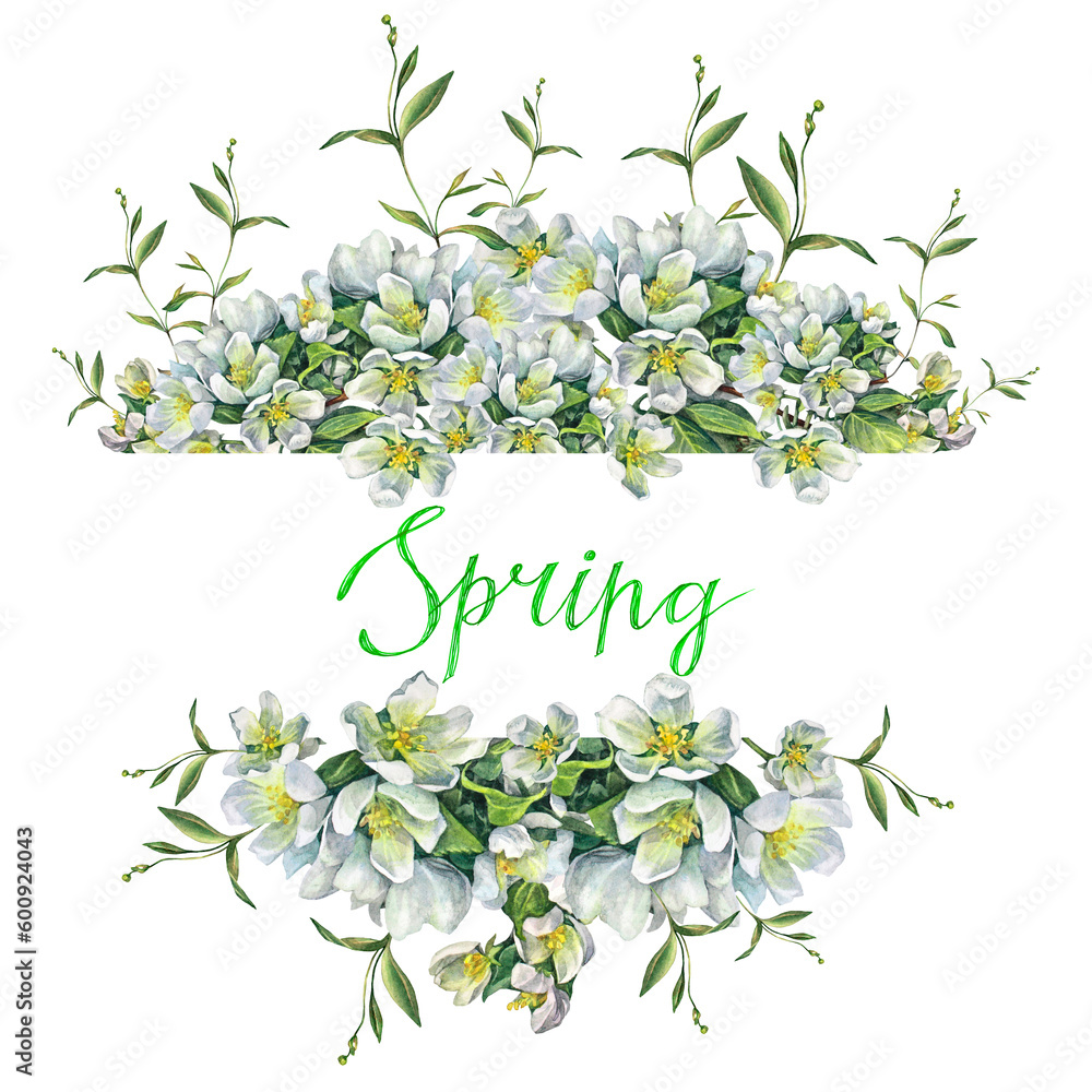 Watercolor branch with apple blossoms isolated on white background. Spring arrangement flowers with lettering for frame. Lush foliage for celebration card. Clipart for wedding invite or 8 March
