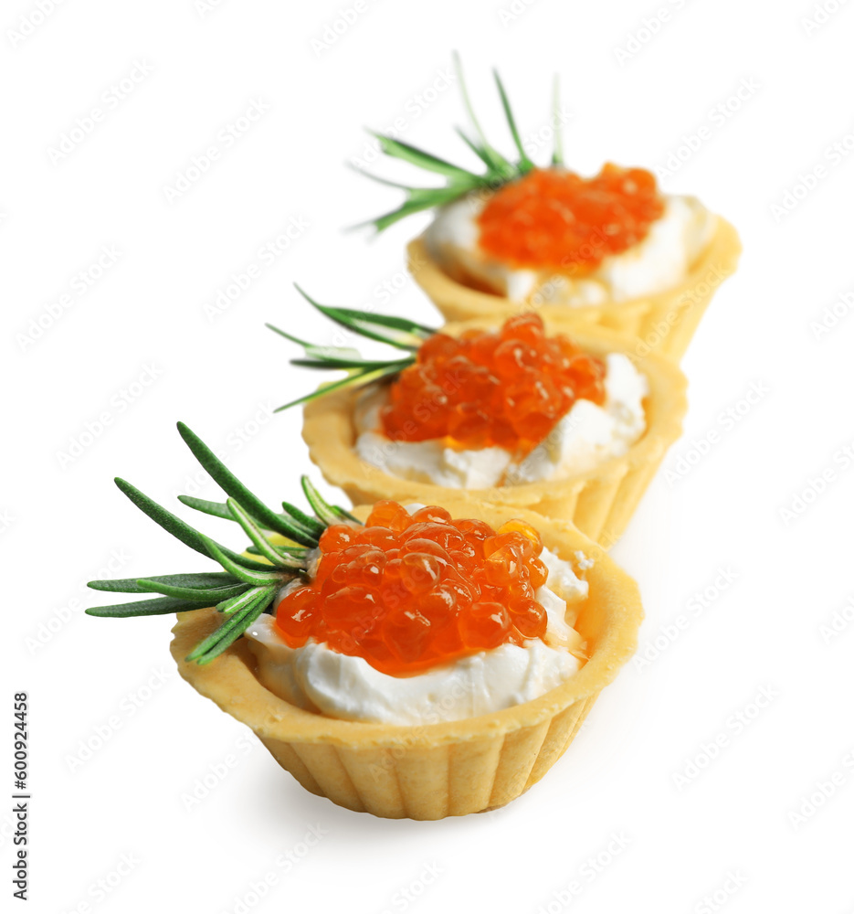 Delicious tartlets with red caviar and cream cheese on white background Delicious tartlets with red caviar and cream cheese on white background