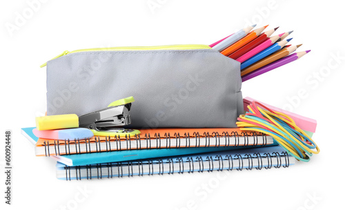 Wallpaper Mural Pencil case and different school stationery on white background Torontodigital.ca