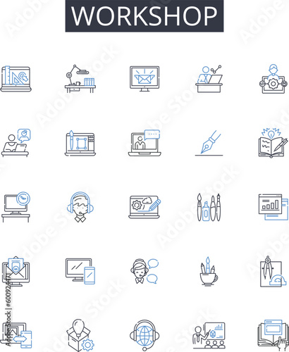 Workshop line icons collection. Mechanism, Gadget, Automation, Equipment, Device, Engine, Robot vector and linear illustration. Appliance,Machinery,Tool outline signs set