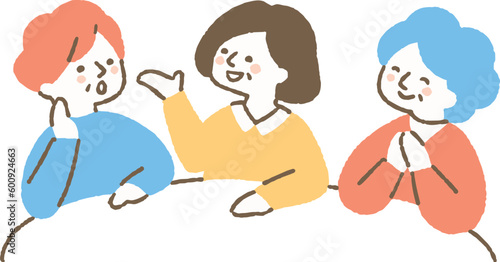 会話を楽しむ高齢の女性3人_色