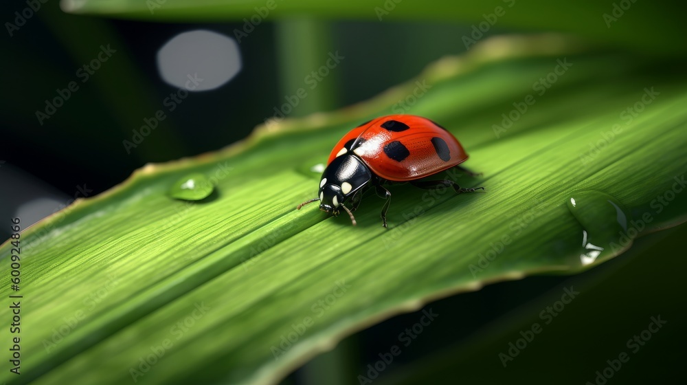 Fototapeta premium A tiny ladybug crawling on a leaf. AI generated