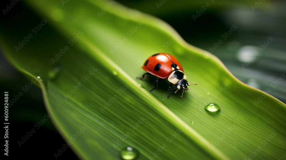 A tiny ladybug crawling on a leaf. AI generated
