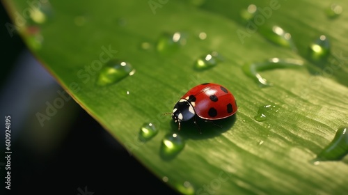A tiny ladybug crawling on a leaf. AI generated