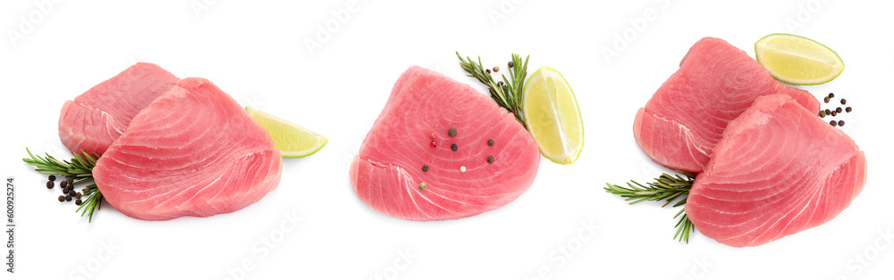 Collage with raw tuna steaks on white background Collage with raw tuna steaks on white background