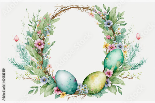 Happy Easter concept with easter eggs in nest and spring flowers.