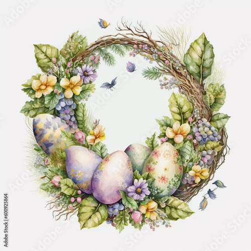 Happy Easter concept with easter eggs in nest and spring flowers.