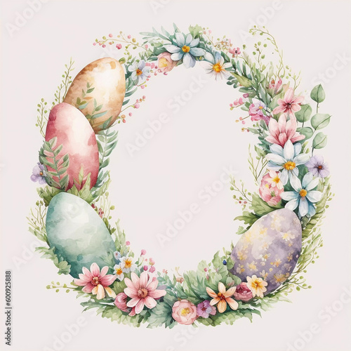 Happy Easter concept with easter eggs in nest and spring flowers.