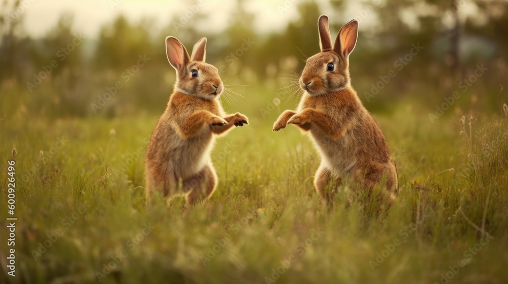 Two playful rabbits hopping around in the grass. AI generated Two playful rabbits hopping around in the grass. AI generated