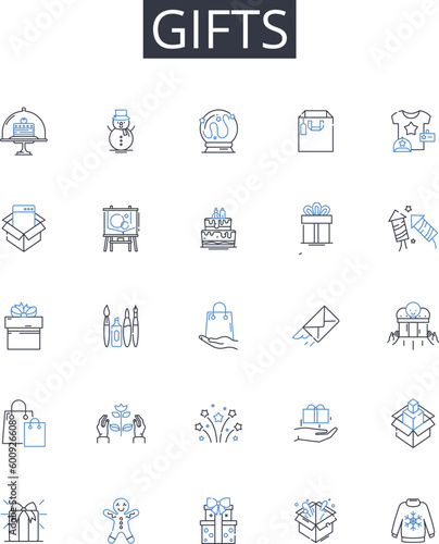 Gifts line icons collection. Funfair, Entertainment, Festival, Rides, Food, Games, Music vector and linear illustration. Attractions,Merry-go-round,Ferris wheel outline signs set