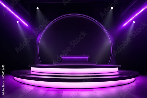 Puple Violet Display mock up 3D luxury stage with LED light and simple shape decoration around it. generative AI photo