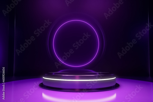 Puple Violet Display mock up 3D luxury stage with LED light and simple shape decoration around it. generative AI