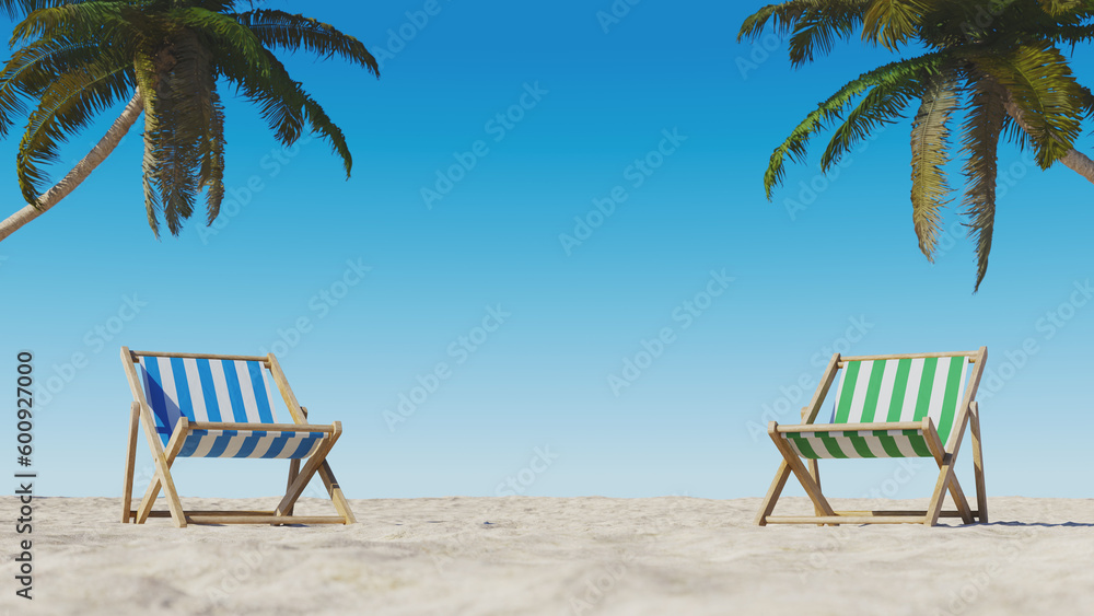 Summer vacation background with sunbeds on both sides of the beach sand and palm trees in the background against the sky. 3d rendering