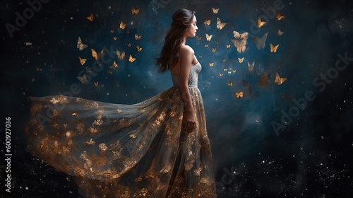 Fotografija beautiful woman walking surrounded with butterfly, Generative Ai