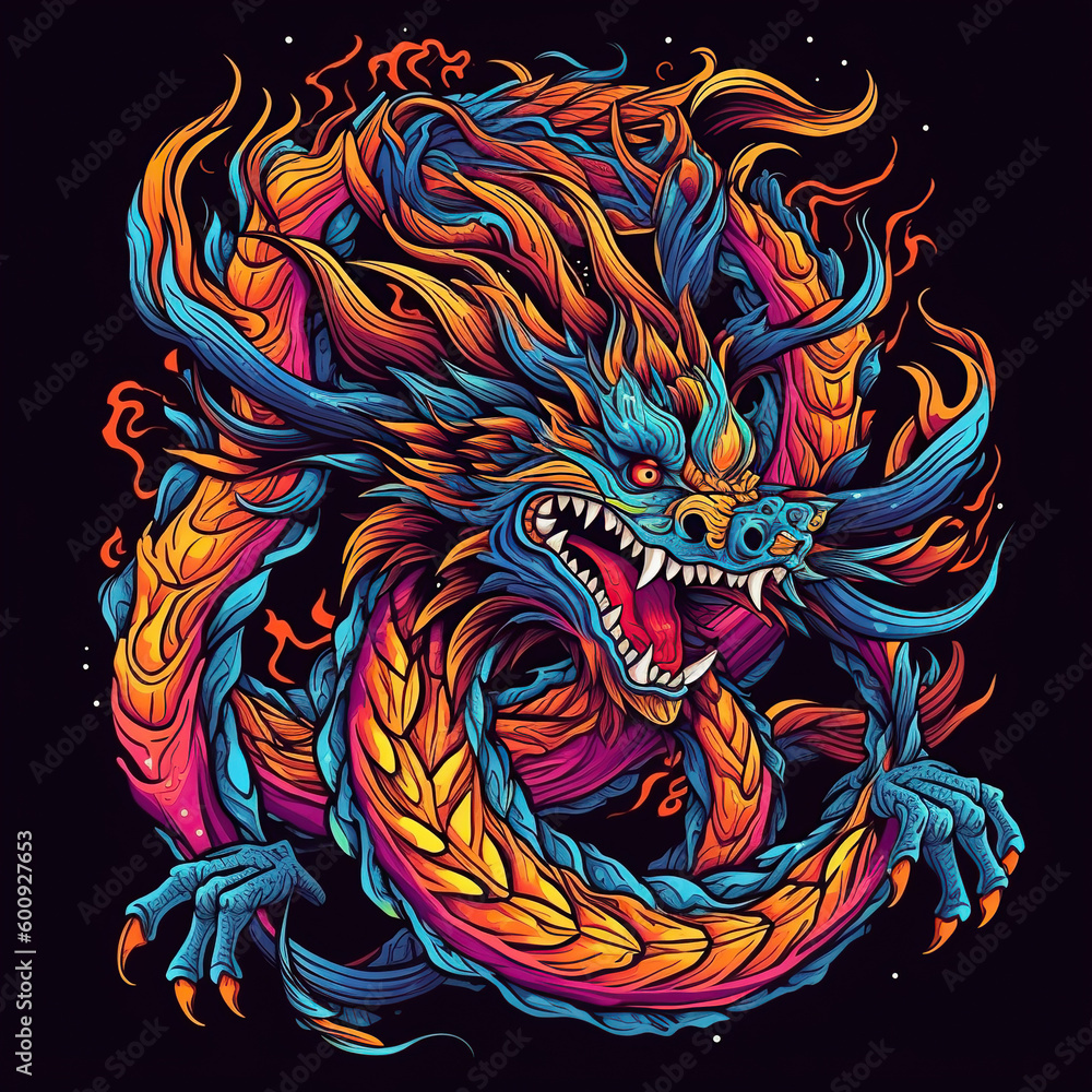 Fototapeta premium chinese dragon tattoo Vintage. Creative image, vibrant colors. AI generated image.