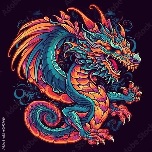 chinese dragon tattoo Vintage. Creative image, vibrant colors. AI generated image. © Jacques Evangelista