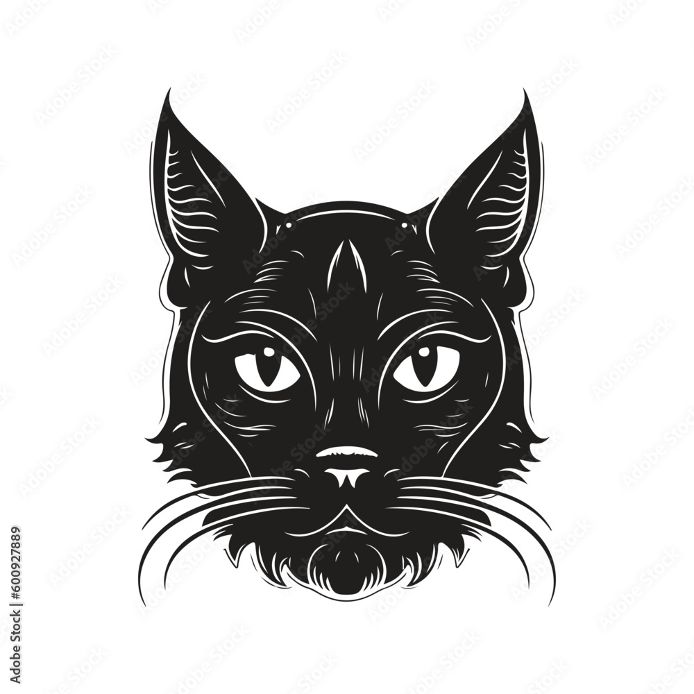 Fototapeta premium cat head, vintage logo line art concept black and white color, hand drawn illustration