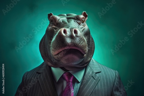 Anthropomorphic Hippo dressed in a suit like a businessman. Business Concept. AI generated, human enhanced © top images
