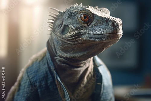 Anthropomorphic iguana dressed in human clothing. humanized animal concept. AI generated  human enhanced